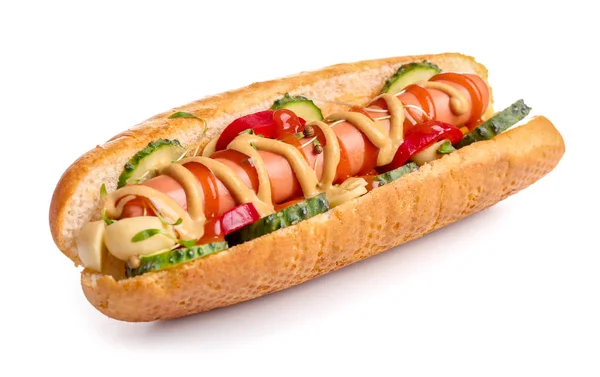 Leckere Hot Dog auf weißem Hintergrund — Stockfoto