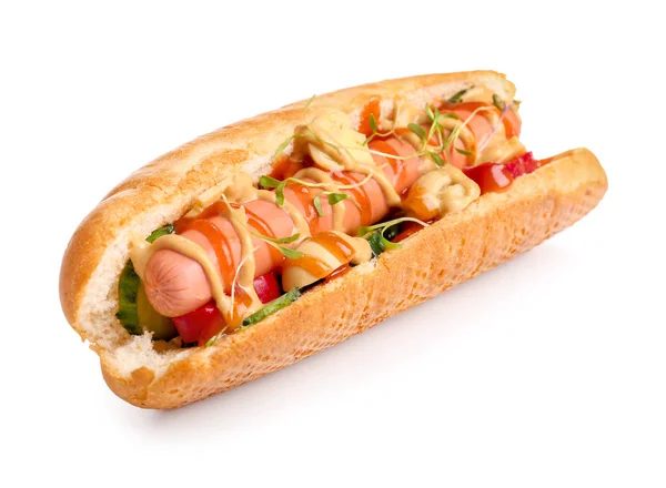 Tasty hot dog on white background — Stock Photo, Image