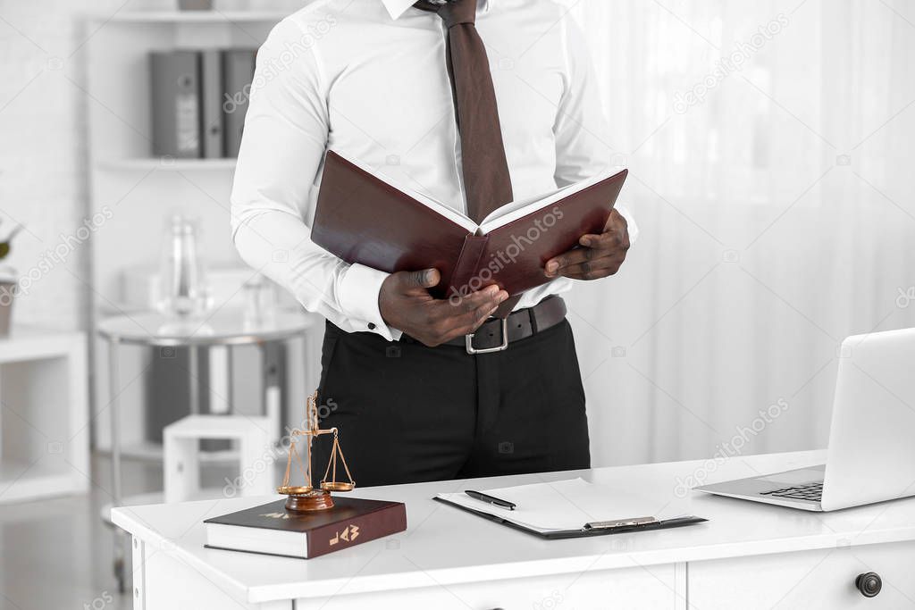 Lawyer with book in office