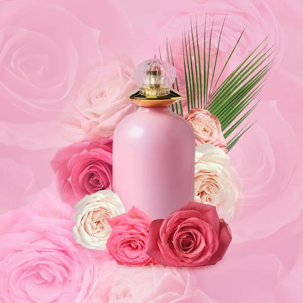 Beautiful composition with bottle of perfume and roses on color background — Stock Photo, Image