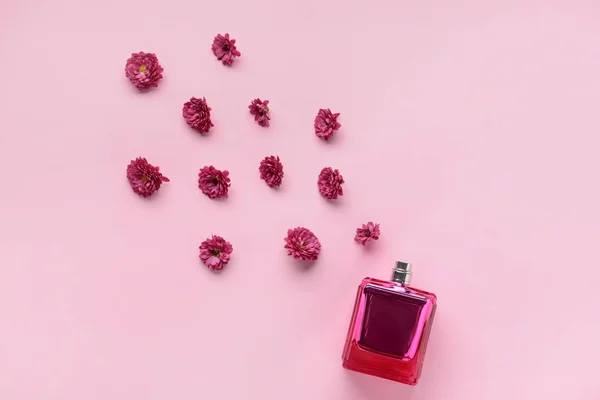 Bottle of perfume with flowers on color background — Stock Photo, Image