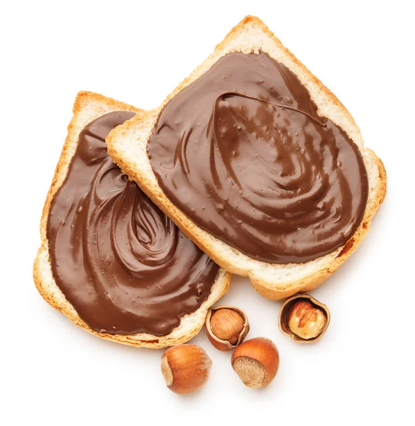 Fresh bread with chocolate paste on white background — Stock Photo, Image