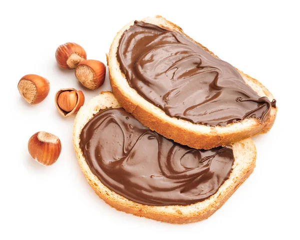 Frisches Brot mit Schokoladenpaste auf weißem Hintergrund — Stockfoto