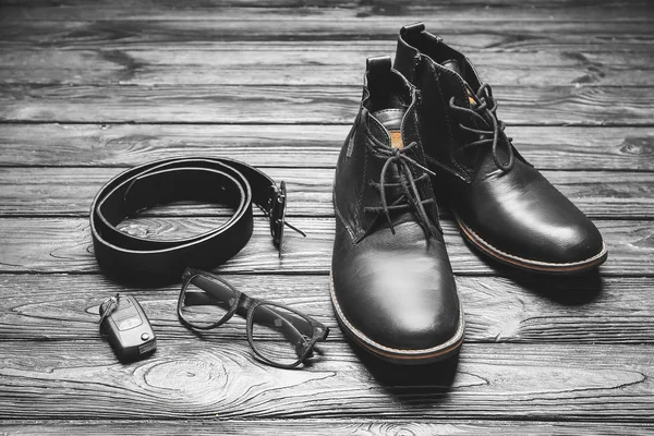 Set of male accessories on wooden background — Stock Photo, Image