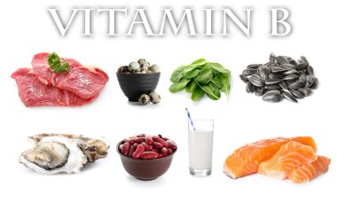 Beyaz zemin üzerinde B vitamini bakımından zengin ürünler