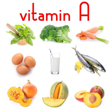 Beyaz zemin üzerinde A vitamini bakımından zengin ürünler.