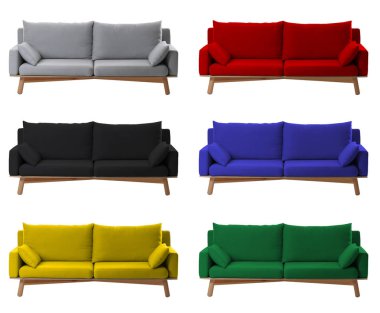 Beyaz arkaplanda farklı rahat kanepeleri olan kolaj