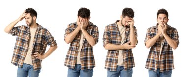 Beyaz arka planda endişeli genç adamla kolaj