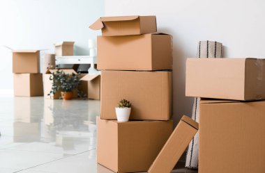 Cardboard boxes with belongings in new flat on moving day clipart