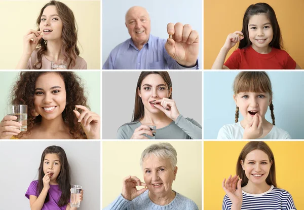 Collage de fotos con diferentes personas que toman píldoras de aceite de pescado — Foto de Stock