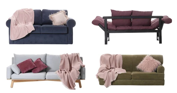 Collage with different comfortable sofas on white background — 스톡 사진