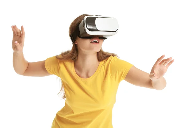 stock image Young woman with virtual reality glasses on white background