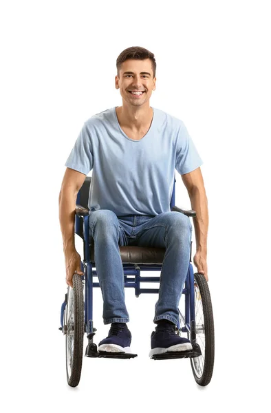 Joven discapacitado en silla de ruedas sobre fondo blanco — Foto de Stock