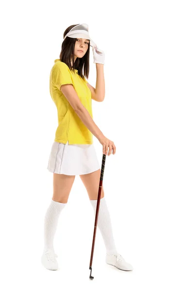 Bonito golfista feminino isolado no branco — Fotografia de Stock