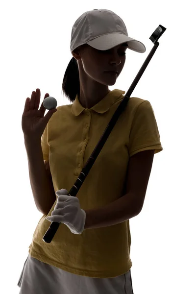 Silueta de hermosa golfista femenina aislada en blanco —  Fotos de Stock