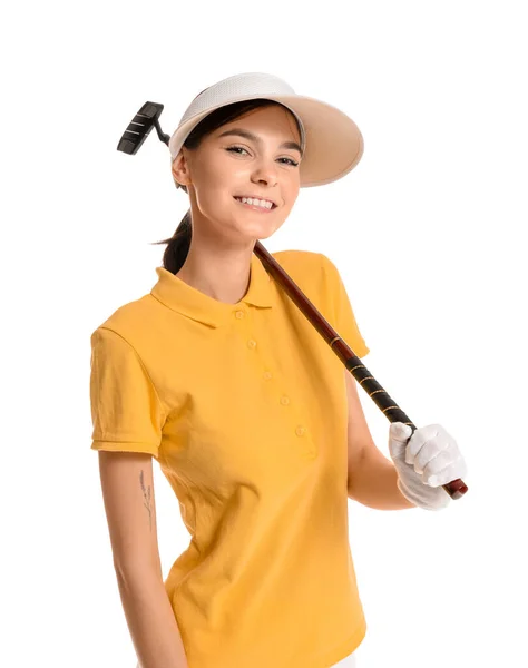 Bonito golfista feminino isolado no branco — Fotografia de Stock