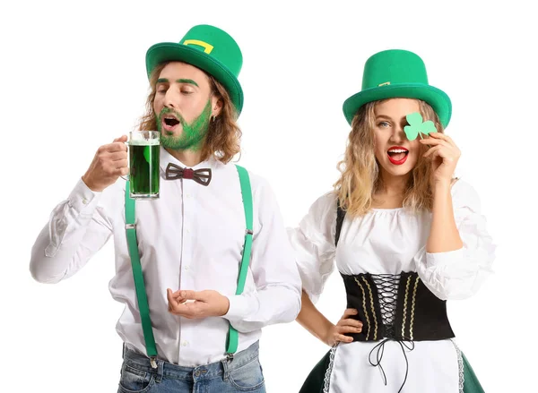 Young couple with beer on white background. St. Patrick's Day celebration — 스톡 사진