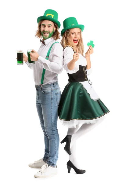 Young couple with beer on white background. St. Patrick's Day celebration — Stock Photo, Image