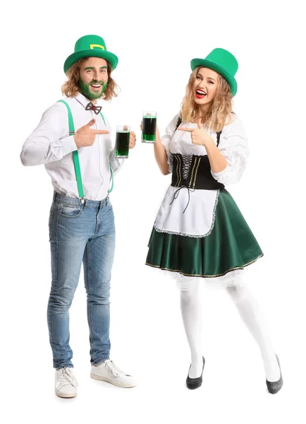 Young couple with beer on white background. St. Patrick's Day celebration — 스톡 사진