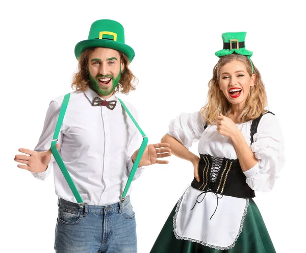 Young couple on white background. St. Patrick's Day celebration — Stock Photo, Image