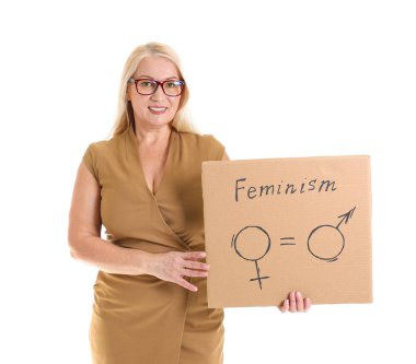 Elinde beyaz arka planda kadın ve erkek sembolleri olan karton bir kadın. Feminizm kavramı