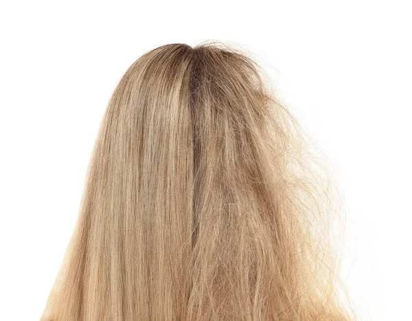 Красивая молодая женщина до и после лечения волос на белом фоне — стоковое фото