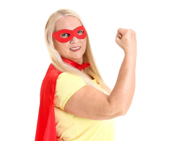 Woman in superhero costume on white background. Concept of feminism — Stock Photo, Image