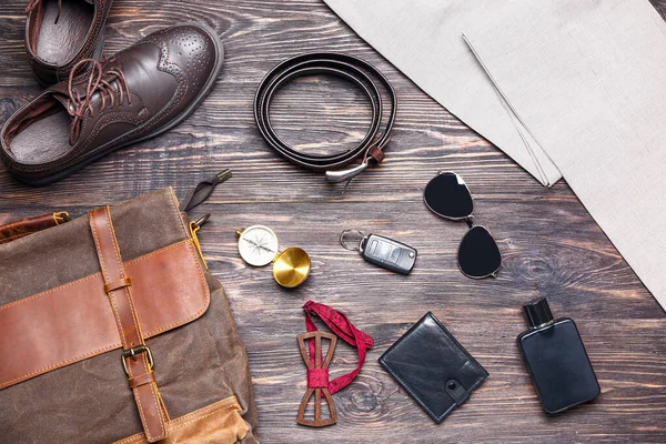 Set of male accessories on wooden background — Stock Photo, Image