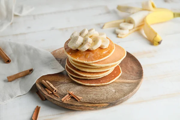 Plate with stack of tasty pancakes on table — Stock Photo, Image