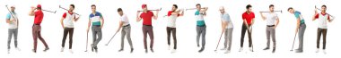 Beyaz arka planda yakışıklı erkek golfçülerle kolaj