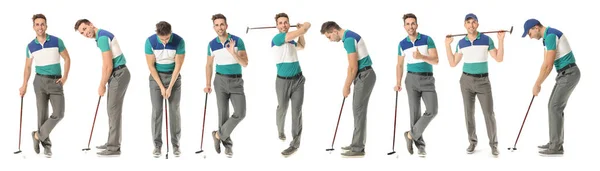 コラージュとともにハンサムな男性ゴルファー上の白い背景 — ストック写真