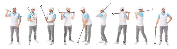 Colagem com bonito golfista masculino no fundo branco — Fotografia de Stock