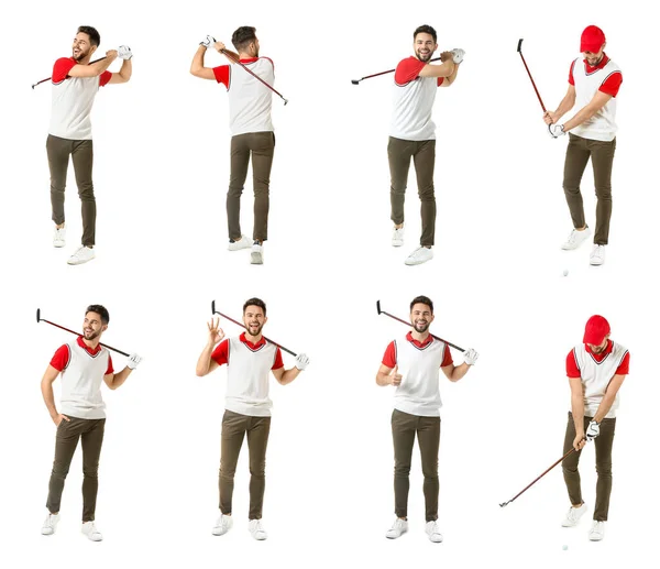 Colagem com bonito golfista masculino no fundo branco — Fotografia de Stock