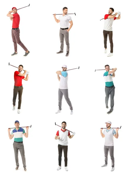Koláž s krásnými mužskými golfisty na bílém pozadí — Stock fotografie