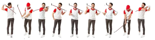 Colagem com bonito golfista masculino no fundo branco — Fotografia de Stock