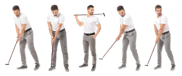 Colagem com bonito golfista masculino no fundo branco — Fotografia de Stock