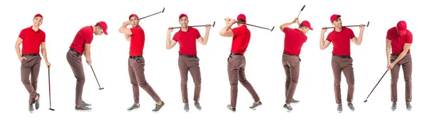 Collage con guapo golfista masculino sobre fondo blanco — Foto de Stock