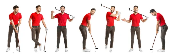 Collage med vacker manlig golfare på vit bakgrund — Stockfoto