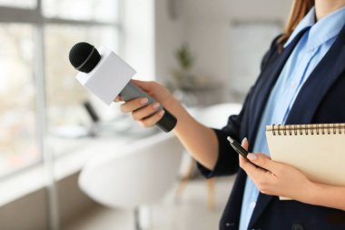 Mikrofonlu kadın gazeteci ofisinde röportaj yapıyor.
