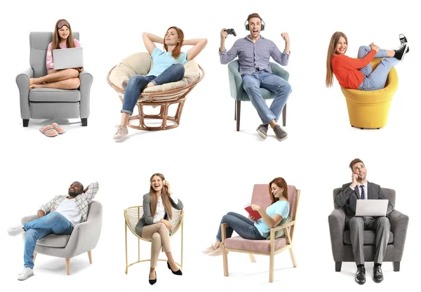 Colagem com pessoas diferentes sentadas em poltronas no fundo branco — Fotografia de Stock