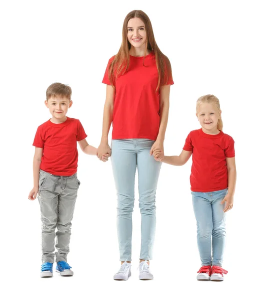 Portrait of happy mother and children on white background — Stock Photo, Image