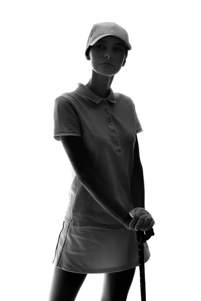 Silhouette of beautiful female golfer isolated on white — Stok fotoğraf