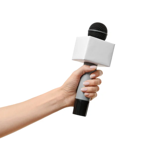 Journalist's hand with microphone on white background — Stock Photo, Image