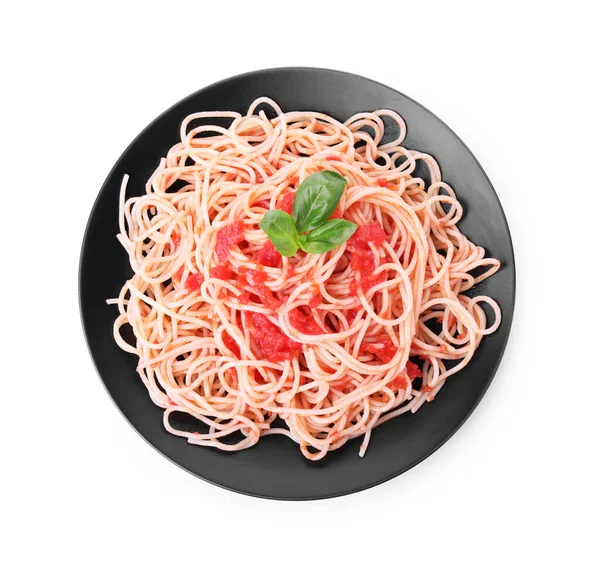 Plate with tasty pasta and tomato sauce on white background — Stock Photo, Image