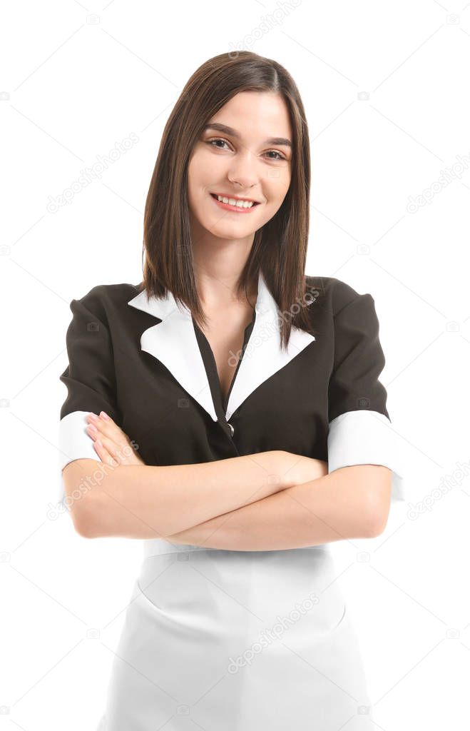 Portrait of beautiful chambermaid on white background