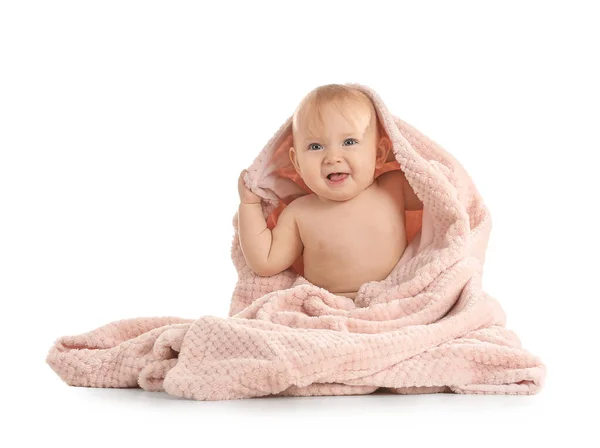 Portrait of cute baby with plaid on white background — Stock Photo, Image