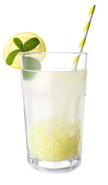 Glass of tasty ginger lemonade on white background — Stock Photo, Image