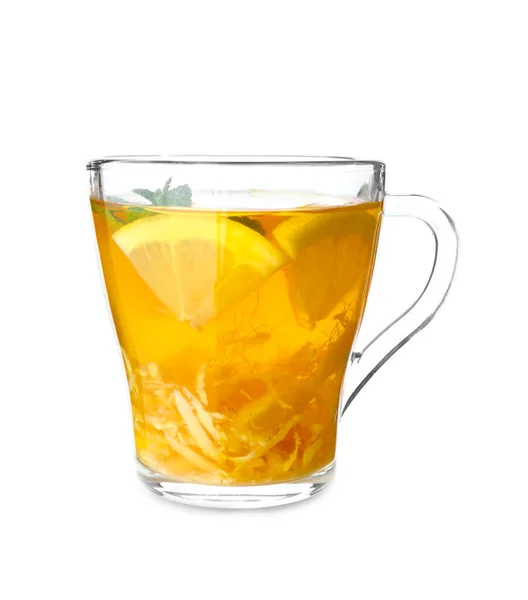 Cup of tasty ginger tea on white background — Stock Photo, Image