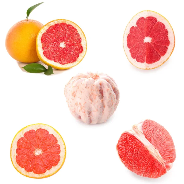 Collage with fresh juicy grapefruits on white background — 스톡 사진
