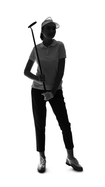 Silhouette of beautiful female golfer isolated on white — Stock Photo, Image